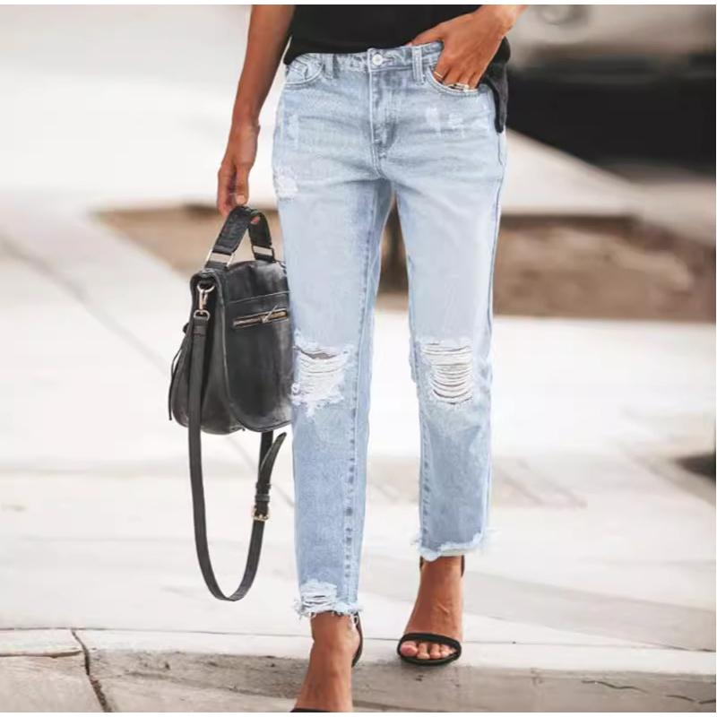 Casual Straight Jeans Women High Waisted Washed Skinny Ripped Slim Denim Pants Fashion Trend Commute Lady Trousers XS светло-синий