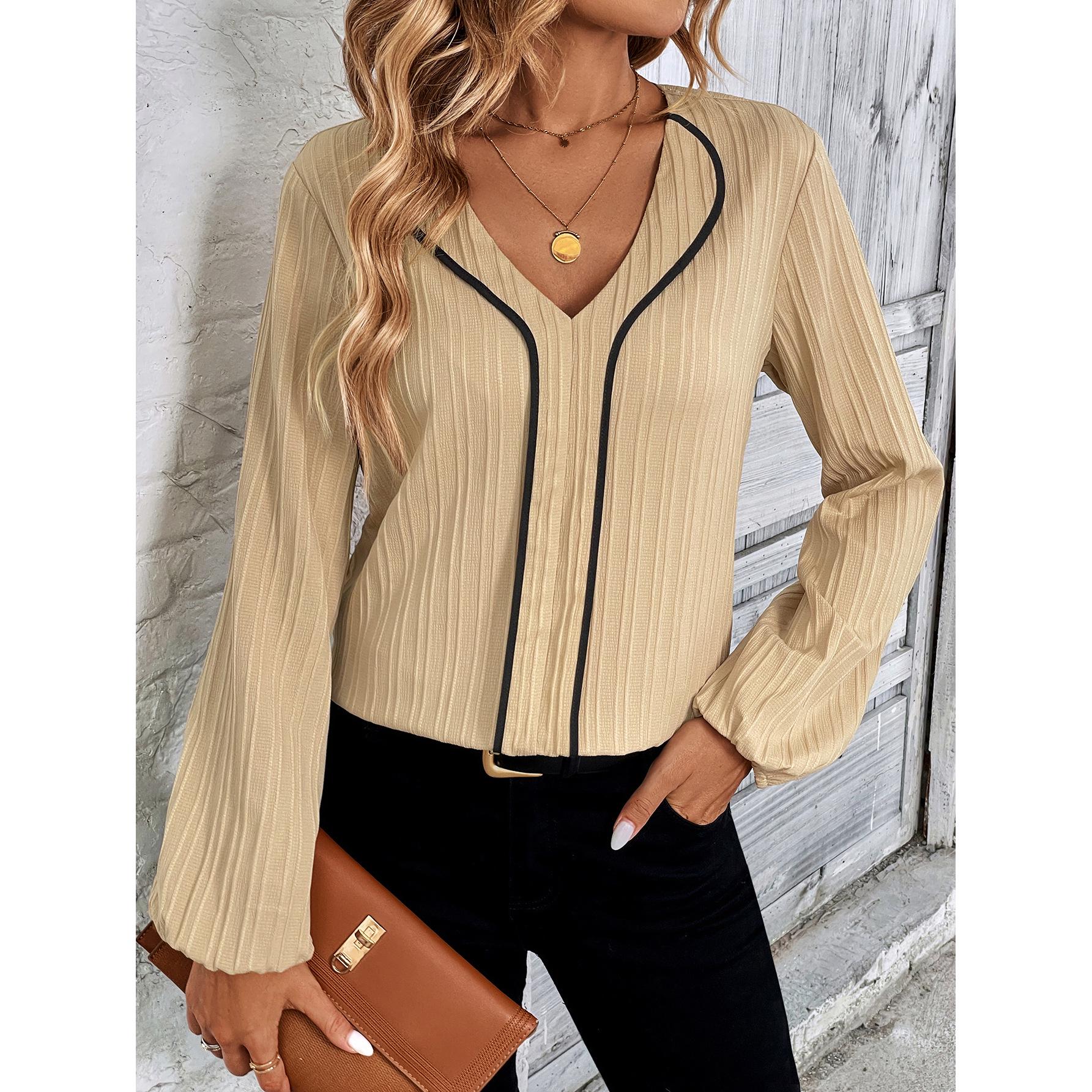 

Осень 2023 Блузка с V-образным вырезом, длинными рукавами и свободного кроя для женщин – Европейский и американский стильный дизайн XXL