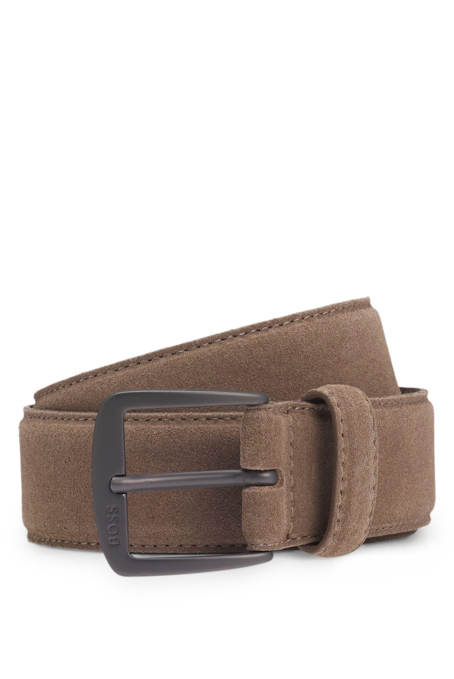 [BOSS] Italian Suede Belt with Gunmetal Buckle, Size 95, Beige