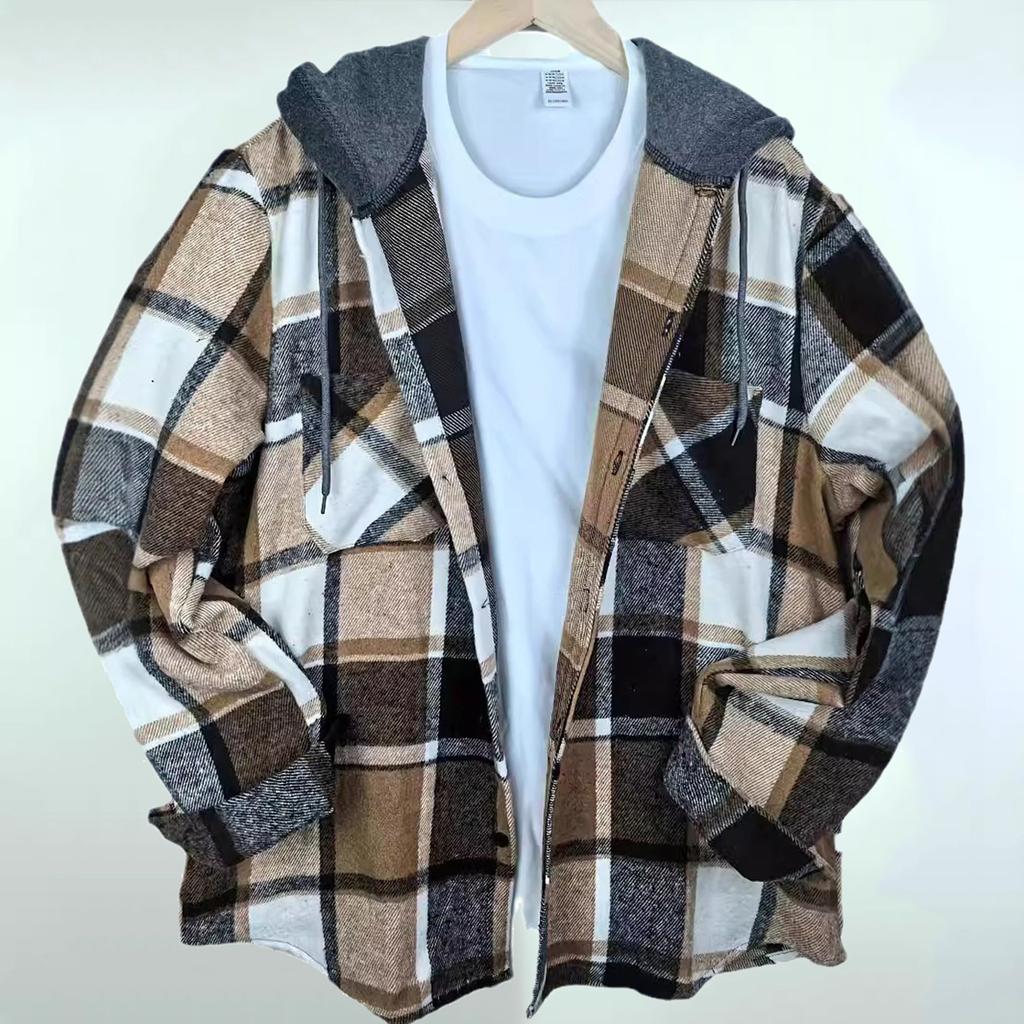 Men's Striped Plaid Casual Loose Button Lapel Long Sleeve Hooded Cardigan Shirt Jacket