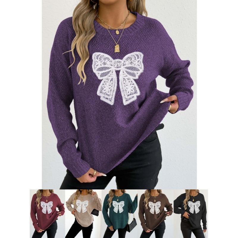 Women S Round Neck Long Sleeve Pullover Sweater Featuring Embroidered Lace Butterfly Splicing