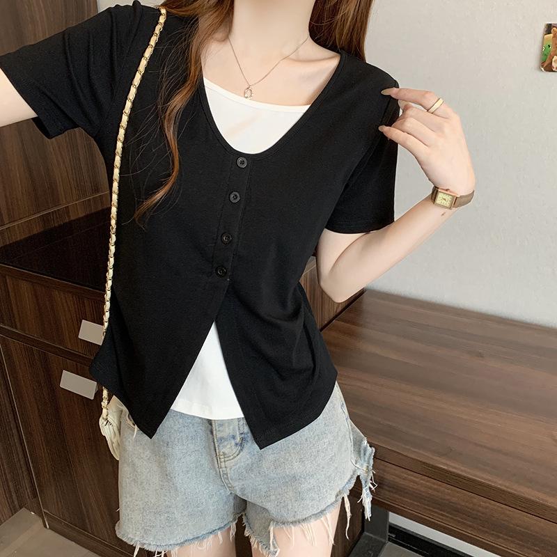 

2026 Plus Size Women s Slimming Two-Piece Cotton Round Neck Short Sleeve T-shirt L чорний