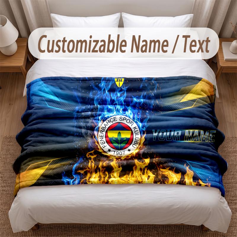 Fenerbahçe FC Printed Flannel Blanket Custom Name Text Soft Warm Throw For Bedroom Holiday Gift