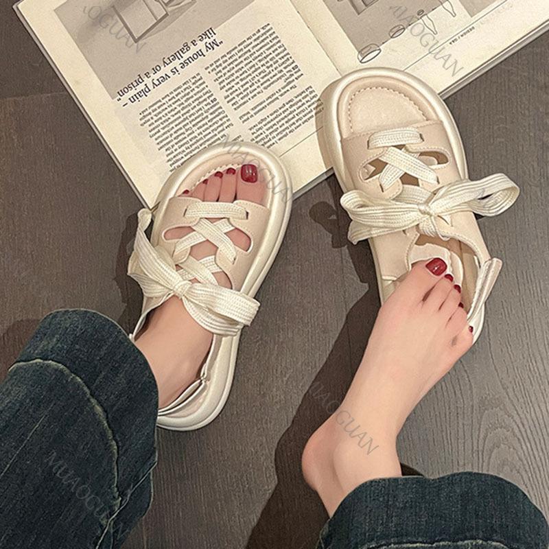 Fashion Thick Bottom Sports Sandals Women Summer Shoes Hollow Breathable Strappy Roman Shoes Beige Black Flat Leisure Soft Sole Sandales