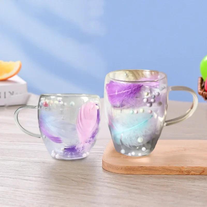 250/350ML Double wall Glass Cup Feather Design Coffee Cup with Handle High Temperature Resistant Anti-scald Milk Tea Juice Cup