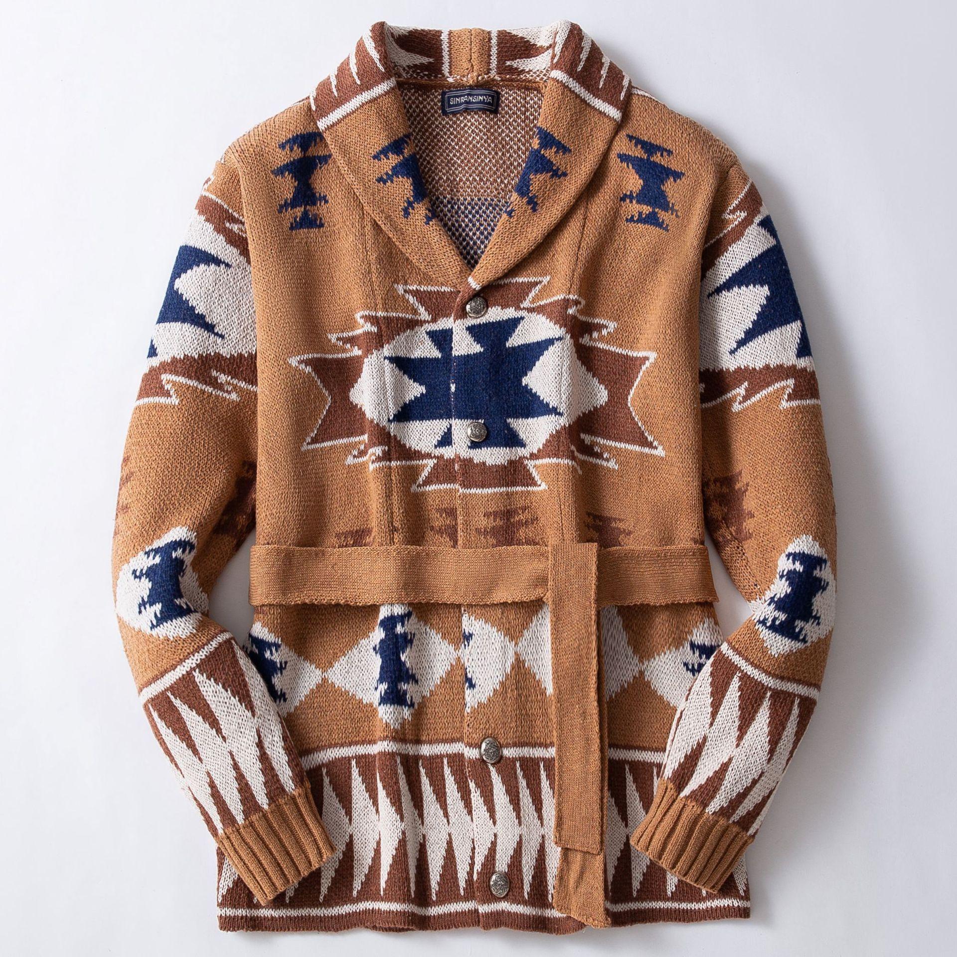 Мужской жаккардовый свитер, осенне-зимний, толстый свитер со шнуровкой, куртка M коричневый