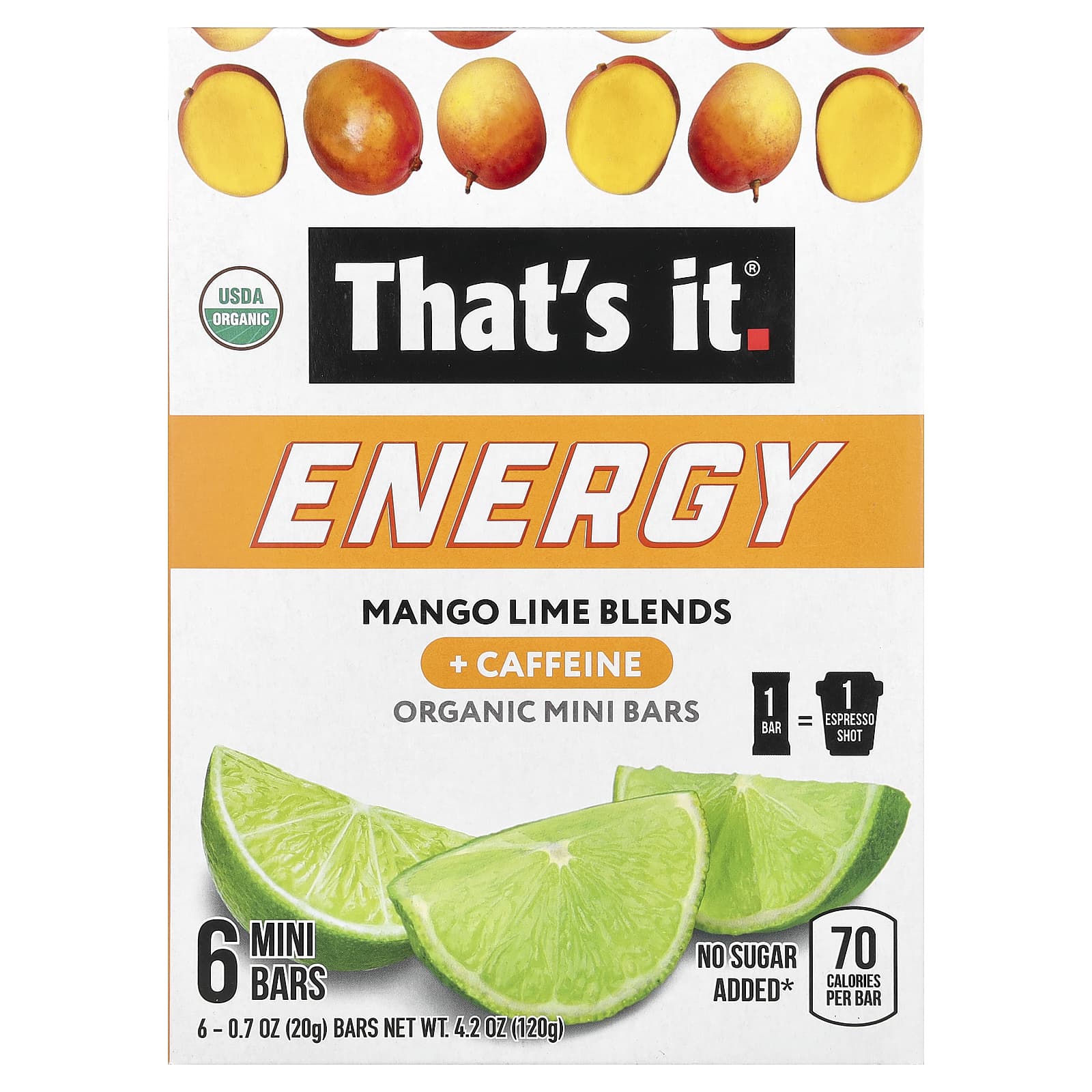

That s It, Energy, Organic Mini Bars, Mango Lime Blend, 6 Mini Bars, 0.7 oz (20 g) Each