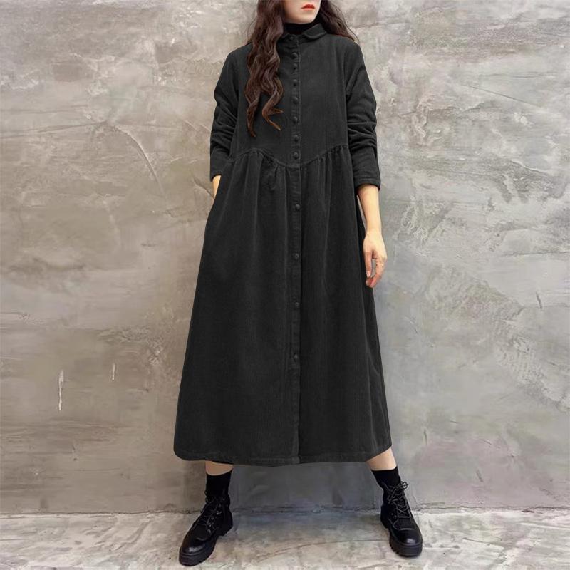Women's Maxi Dress Turn Down Collar Long Sleeve Retro Long Dress Plus Size Coats
