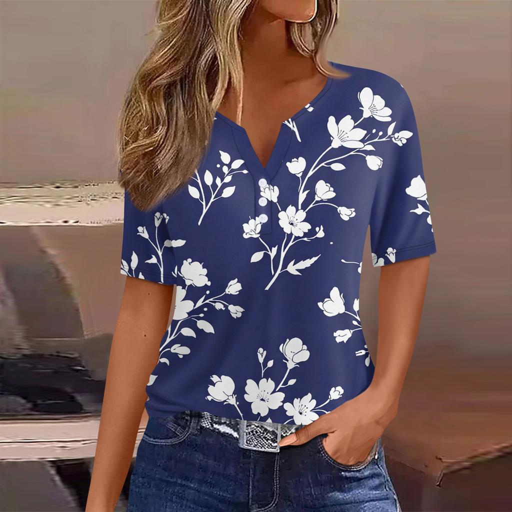 Women's T Shirt Tee Printed Button Short Sleeve Tunic Daily Weekend Fashion Basic V- Neck Regular Top