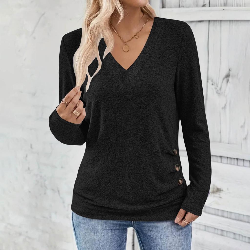 Women's Casual Fashion Solid Color V-Neck Long Sleeve Button Top