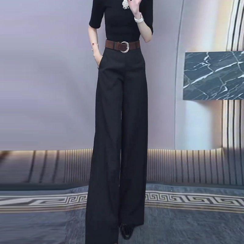Black High-Waisted Suit Wide-Leg Pants for Women 2026 New Summer Loose Slimming Versatile Straight Casual Pants for Women Black Regular Belt S