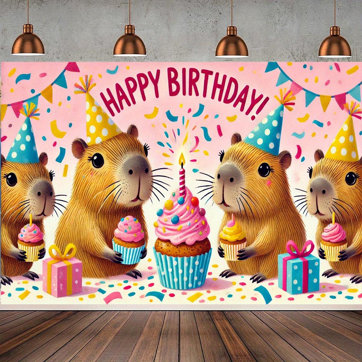 A cute capybara birthday party banner - polyester background featuring a happy capybara colorful cupcakes and a gift box 100x150cm