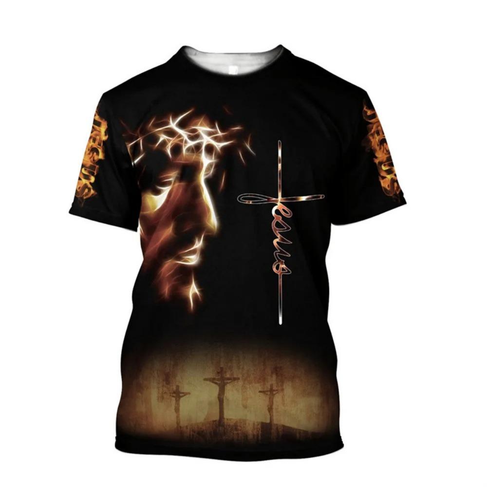 Christian Jesus Pattern T-Shirt Men Religious Believe 3D Printed T Shirts Unisex Short Sleeve Fashion Casual Streetwear Tee Top