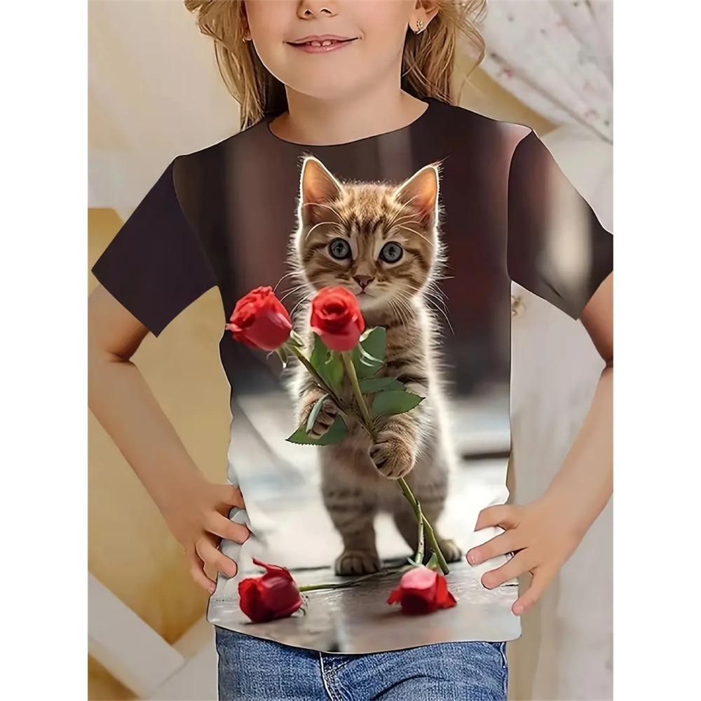 

2025 Одежда для девочек 3D-принт Милый кот Круглый вырез Короткие рукава Графический Летняя уличная мода Детская 100