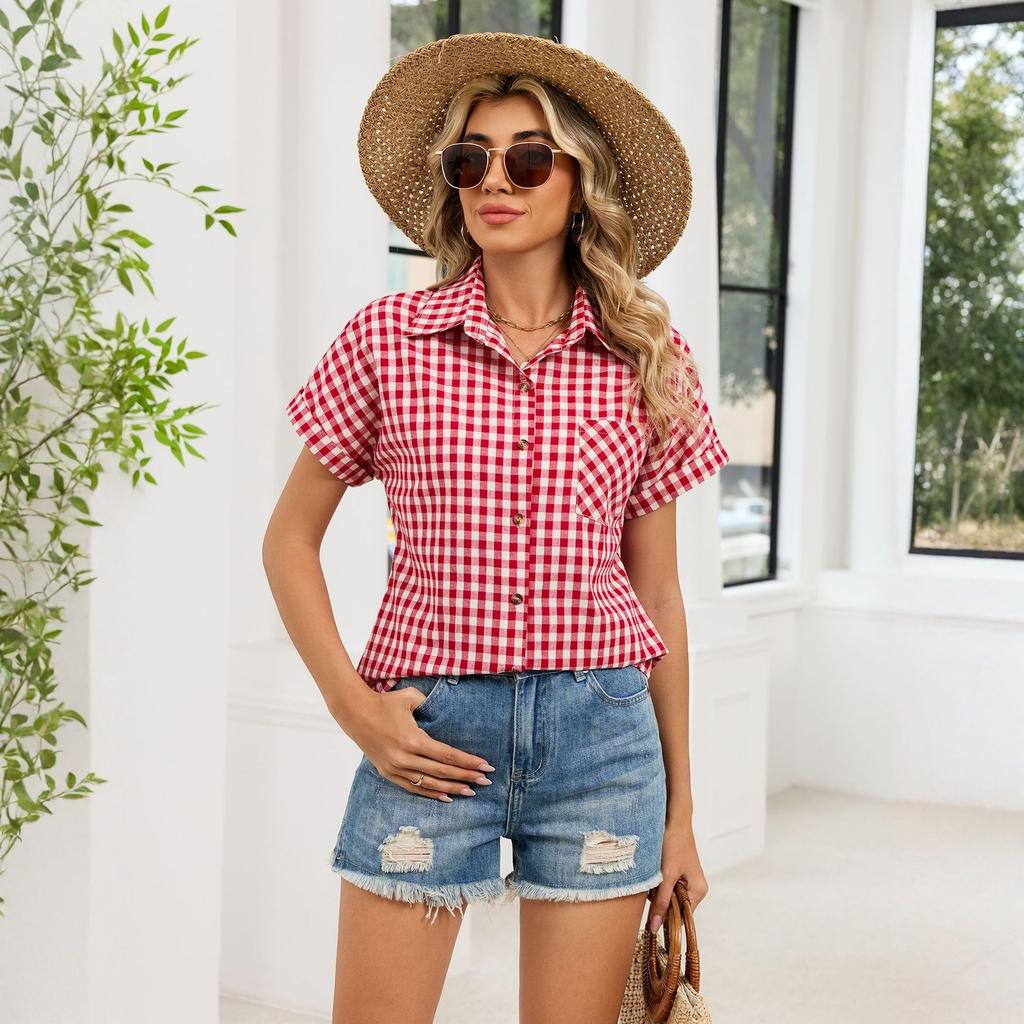 Modna Damska Kraciasta Koszula z Kieszenią i Kołnierzykiem, Krótki Rękaw, Damska Koszula na Guziki