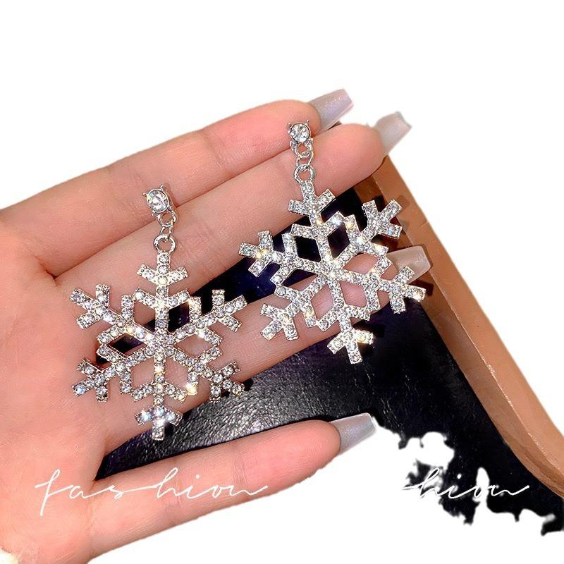 3pcs New Snow Flower Design Women Big Crystal Sliver Earring Hook Faux Inlaid Snowflake Dangle Drop Diamond Earrings