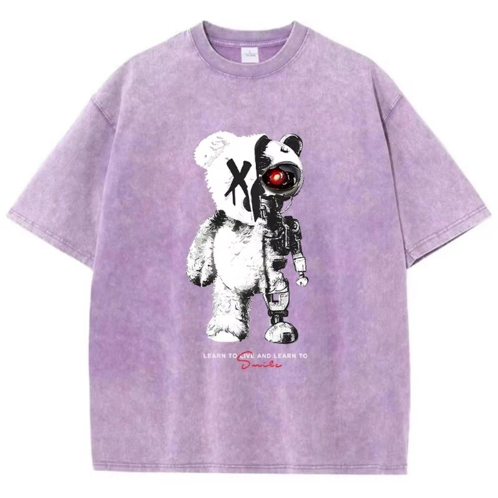 Cartoon Machine Bear Print Tshirts Casual Breathable Street Sweat Summer T-Shirts Personality Loose Cotton T Shirt For Men