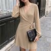Elegant Ladies Surplice V Neck Wrap Dress Long Puff Sleeve Belted Waist Solid Color A Line Short Dress Evening Cocktail Party Dresses