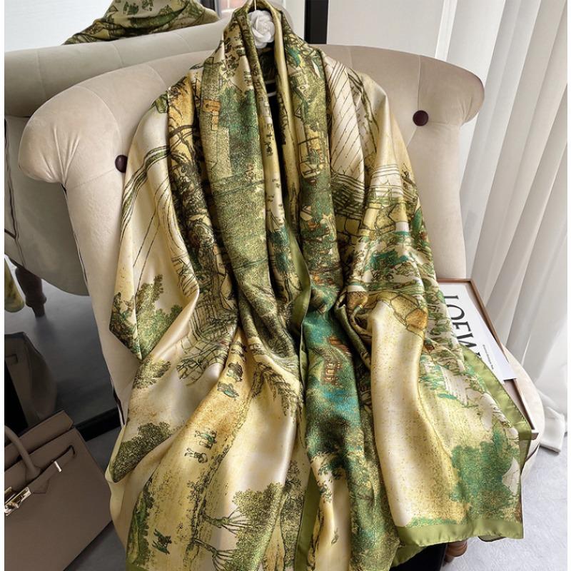 New Autumn Women's Satin Printed Imitation Silk Scarf Korean High-end Fashion Versatile Silk Scarf Decorative Shawl