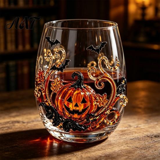 Halloween Party Glassware Ghost Whiskey Glass, Black Cat Spider Net Skull Tumbler for Decorative Kitchen Cocktail, 350ml Spooky Drinkware Home
