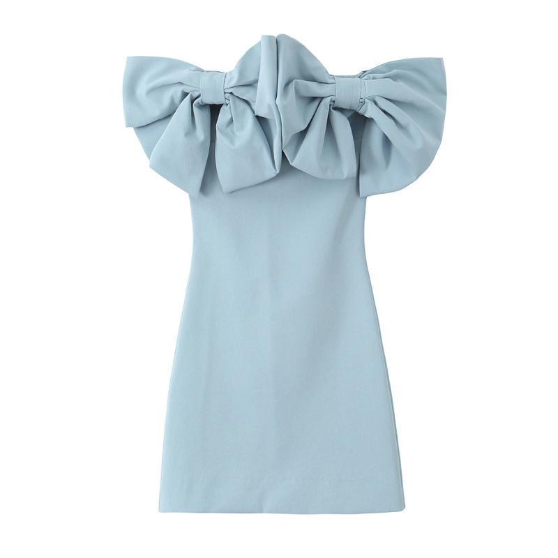 

Милое женское мини-платье бодикон с открытыми плечами и бантом в европейском и американском стиле Extra Small светло-синий