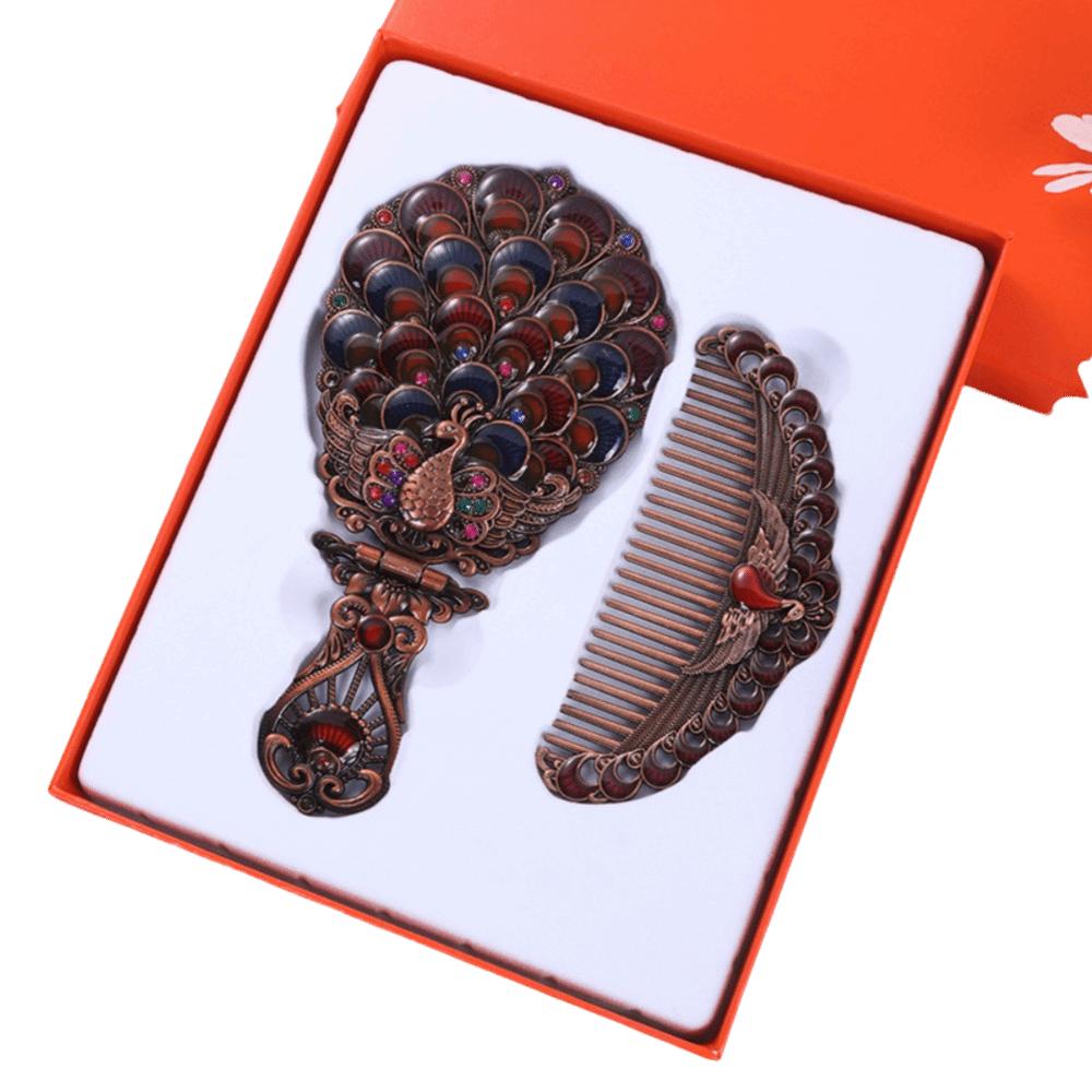 Portable Peacock Makeup Mirror Comb Set Vintage Folding Cosmetic Mirror Wedding Decor Style 5