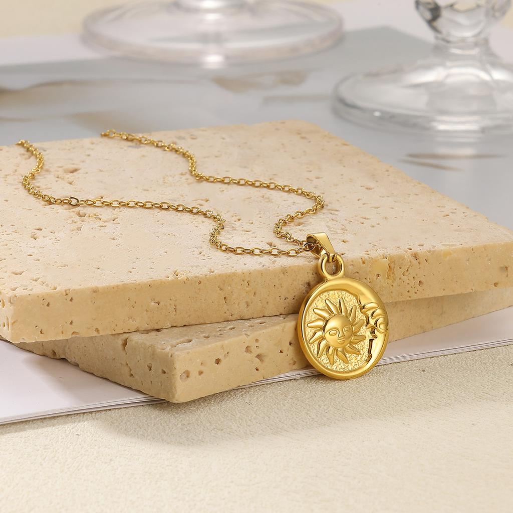 2025 Sun Moon Coin Pendant Necklace For Women Cute Fashion Gold Color Stainless Steel Round Necklace Sweet Jewelry Her Gifts