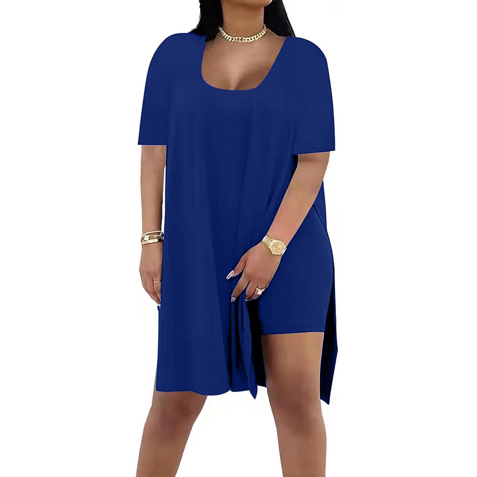 

Women’s Short Sleeve Loose Fit Scoop Neck Casual Tunic Dress Split Hem Lightweight Soft Fabric Comfortable Design L синій