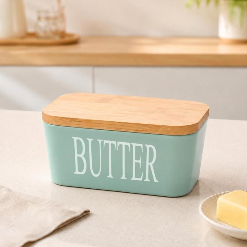Butter Dish with Natural Wood Lid, Covered Butter Container for Refrigerator Storage and Everyday Table Service