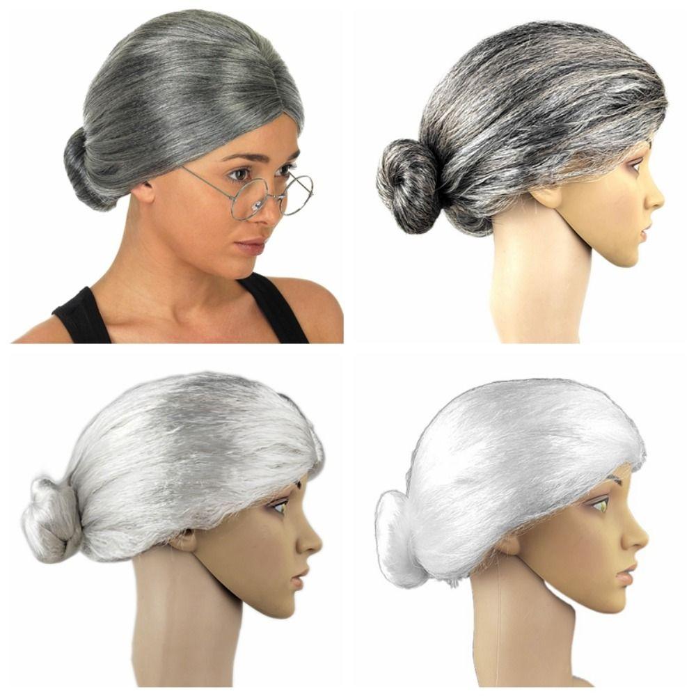 Grey Grandma Costume Wig Natural Dress Up Show Wig Old Woman Cosplay Wig  Halloween Masquerade