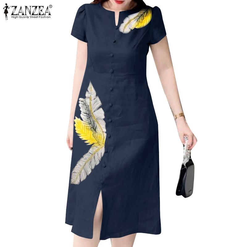 ZANZEA Abito estivo con stampa estiva a maniche corte con scollo a O casual da donna