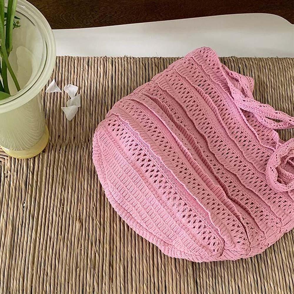 Trendy Sweet Knitted Tote Bag Breathable Lightweight Crochet Shoulder Bag Solid Color Polyester Seaside Vacation Handbag School