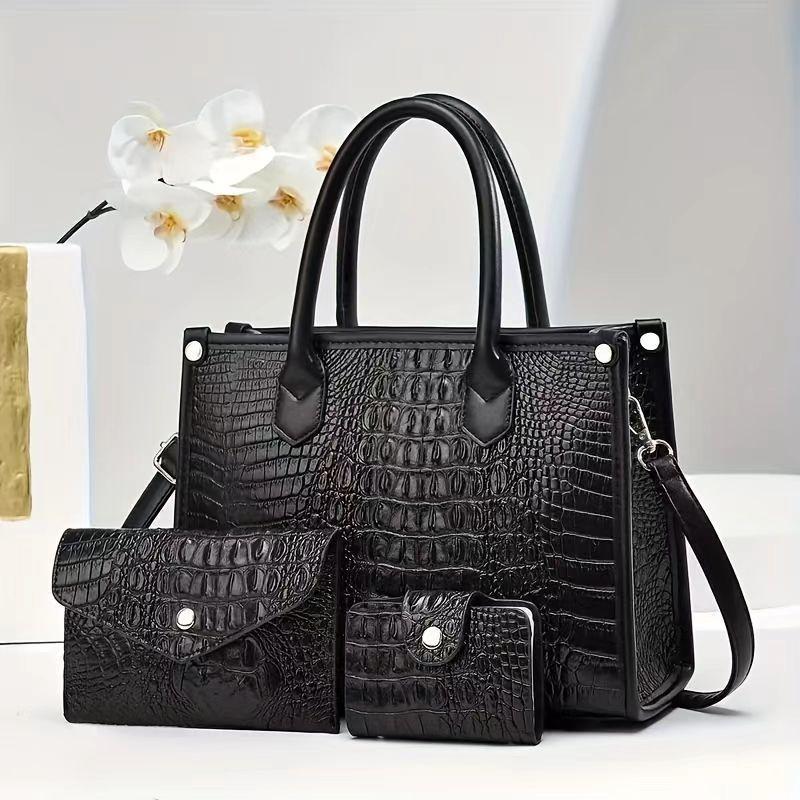 

New Crocodile Pattern Texture Women s Shoulder Cross Carrying Bag Large Capacity Three Piece Set Mother Bag чёрный