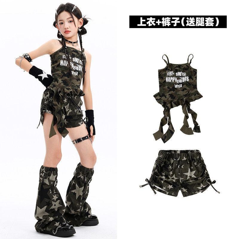 Girls Jazz Dance Outfit Camo Cami Shorts Set Kids Stage Performance Wear