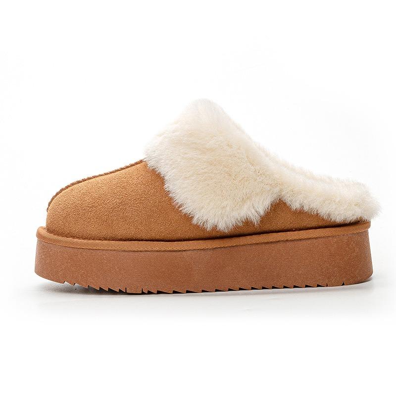 Dicksohlige flauschige Hausschuhe Herbst und Winter neu warm Rindsleder gefüttert verdickt faul ein Pedal echtes Leder Schneestiefel Damen