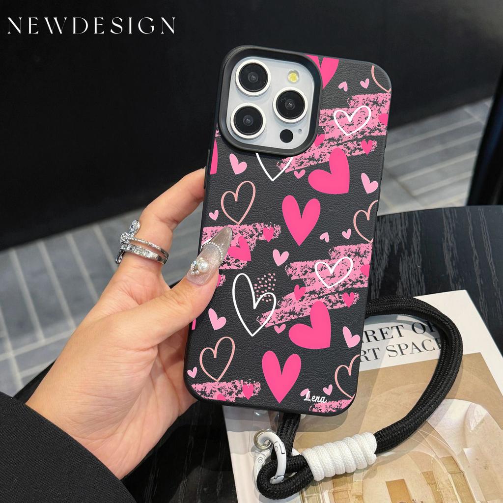 Pink Hand-Draw Heart Protective Phone Case For iPhone 17 16 16e 15 14 13 12 Pro Max 11 Plus Shockproof Lichee Pattern Funda