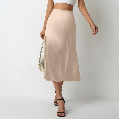 Women's Satin Skirt Summer Long Slit Professional A-line Skirt High Waist Skirt