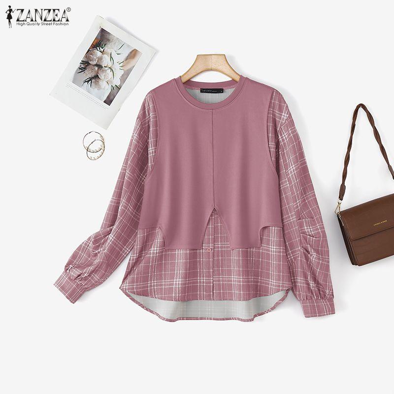 ZANZEA Women Plaid Print Casual Long Sleeve Loose Blouse