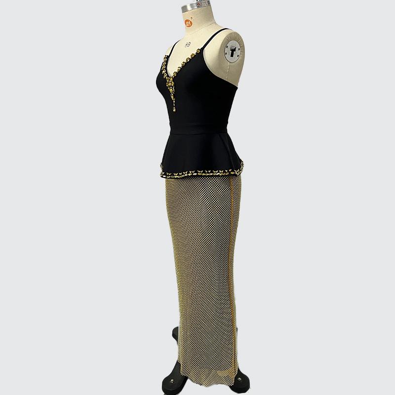 Multicolor Rhinestone Bandage V-Neck Spaghetti Strap High-Waist Evening Gown Set