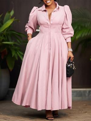 D570 Elegantes Damen Langarm Swing Hemdkleid, Einfarbig Mittellang Afrikanischer Stil