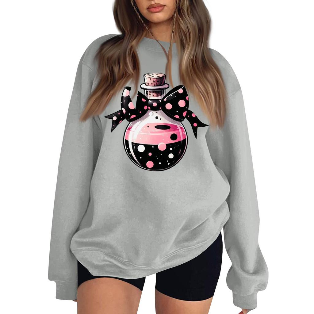 Women's Neck Long Sleeve Casual Loose Fit Sweatshirt Pullover with Color or Small Halloween Print