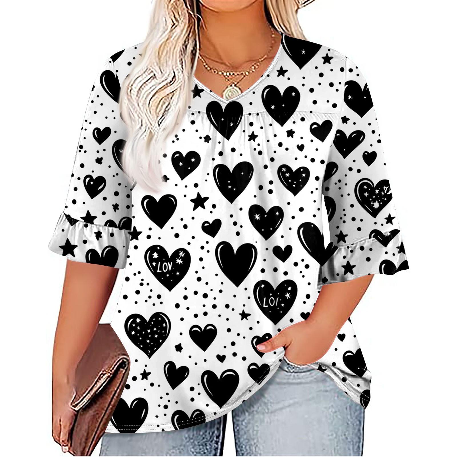 

Женская мода, повседневная плиссированная футболка с v-образным вырезом и принтом, семиминутная футболка с рюшами и рукавами, топы больших размеров XXXXXL