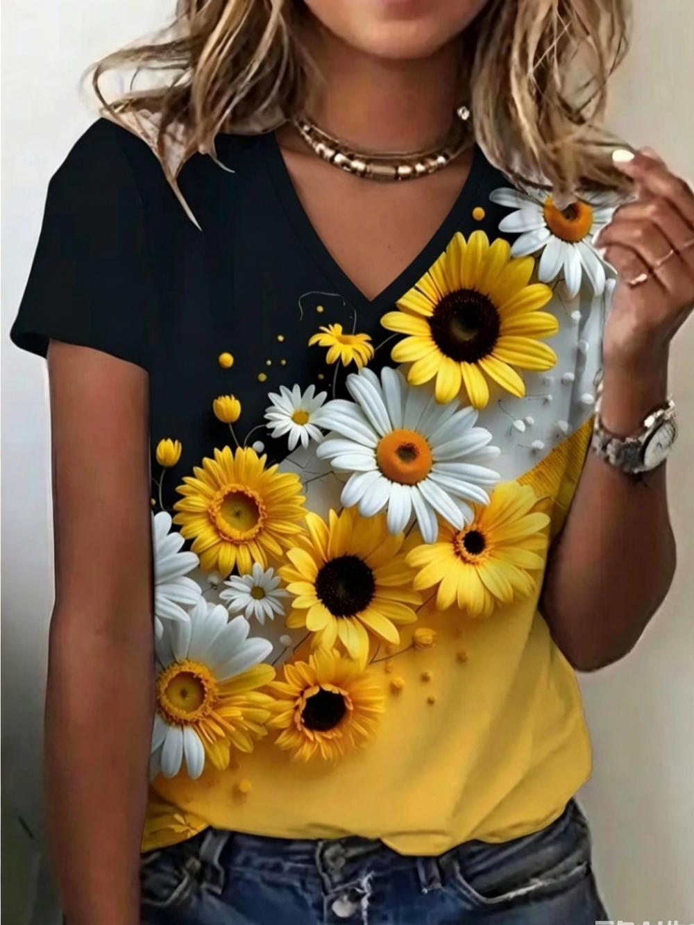 Summer Women s Fashionable T-shirt Comfortable Colorful Flower 3D Printed Short Sleeved V Neck Loose Oversized Soft Breathable T-shirt S