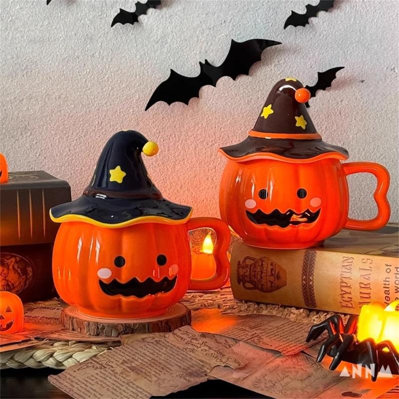 Unique Halloween Themed Ceramics Coffee Cup With Detachable Witch Hat Cover Pumpkin Shape Mug For Hot Beverages Gift