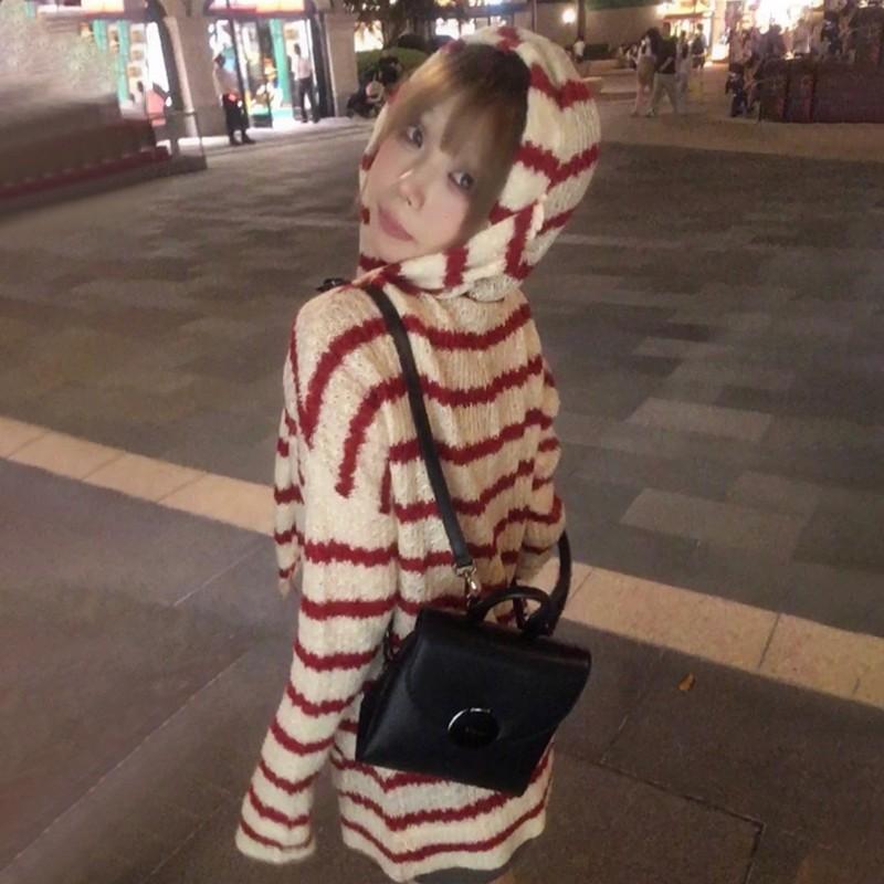 Japanese Y2k Hooded Cardigan 2000s Aesthetics Rabbit Ears Zipper Knitwear Vintage Harajuku Red Stripe Sweater Grunge