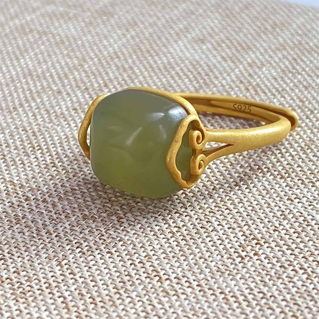 PANJBJ Anello Geometrico in Argento Sterling 925 con Giada di Hotan per Donna Ragazza Regolabile Gioielli Delicati Retrò Regalo di Compleanno Dropshipping