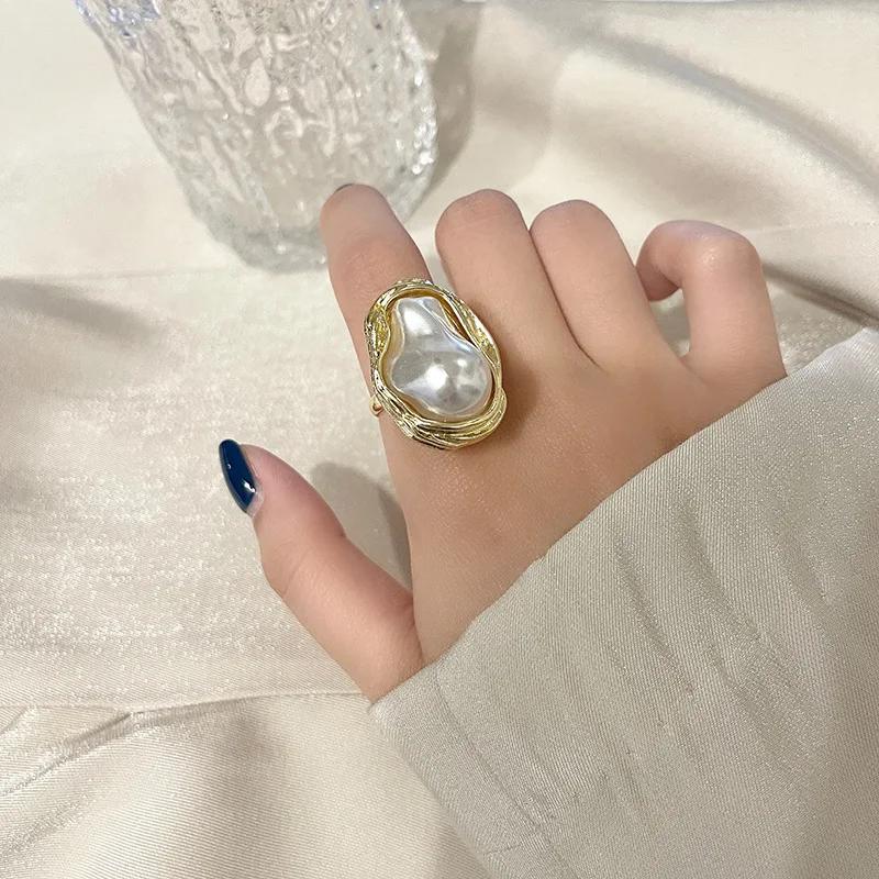 New Fashion Geometrical Irregular Heteroideus Pearl Ring for Women Retro Open Resizable Index Finger Rings Party Jewelry