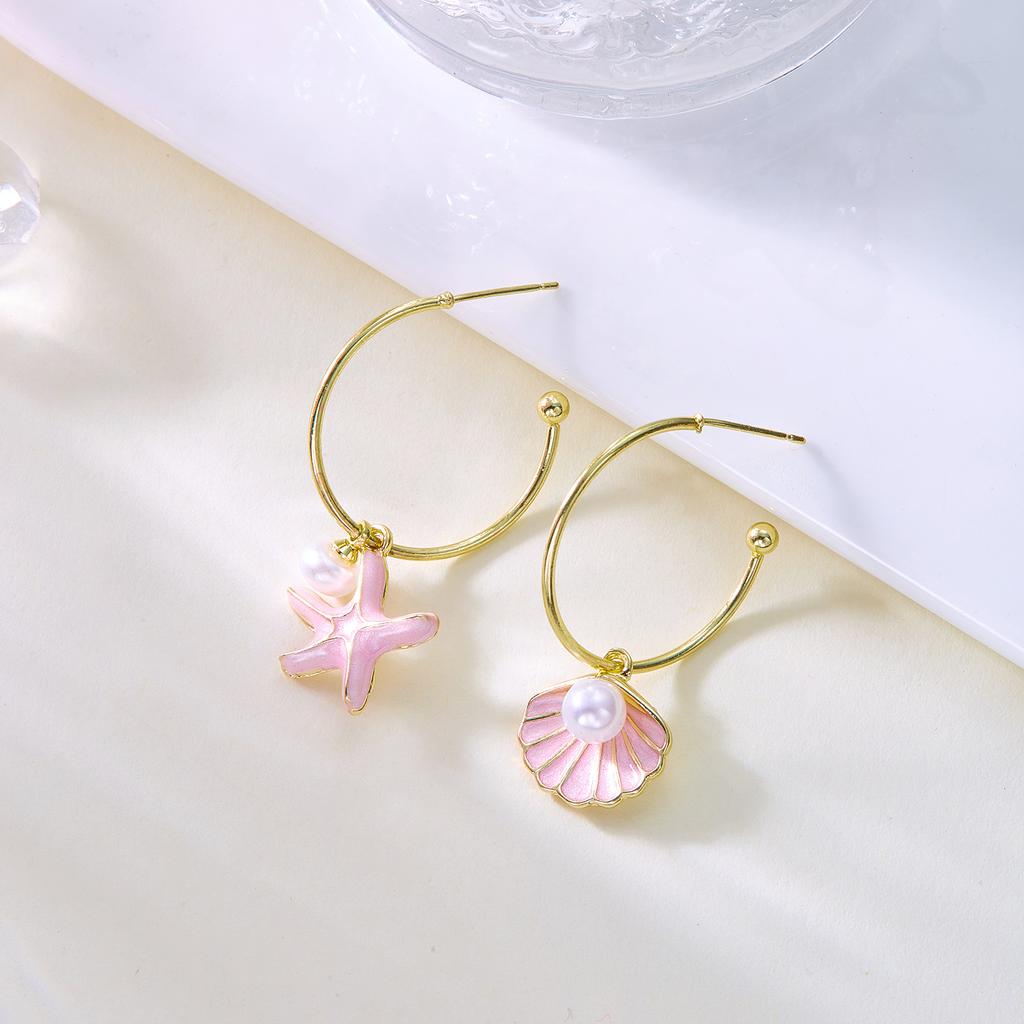 Cute Enamel Metal Shell Starfish Drop Earrings for Women Asymmetrical Imitation Pearl Conch Shell Earrings Girls Daily Jewelry