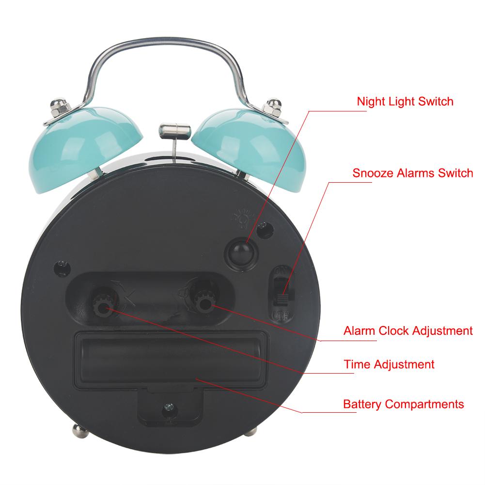 Double Bell Ultra Silent Mechanical Alarm Clock Quartz Movement Desk Table Night Watch(Blue)