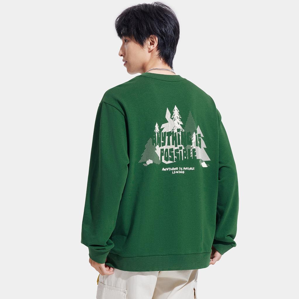 Li-Ning Fashionable Versatile Dopamine Round Neck Letter Pullover Long Sleeve Fleece Knit Sweatshirt Men Sweatshirt Eden-Green AWDV377-4